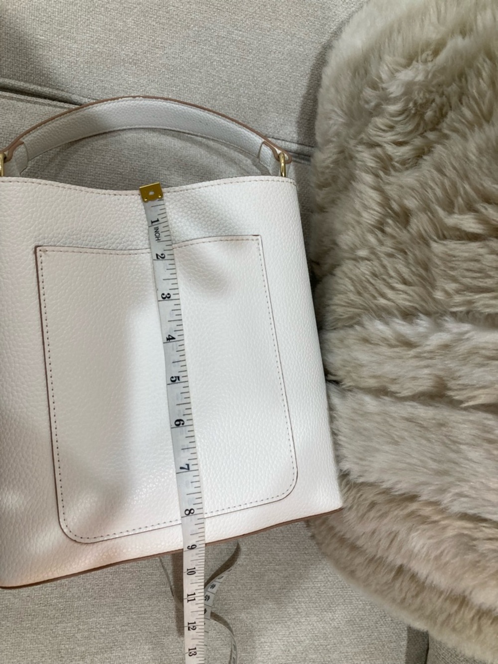 White Pebbled Leather Drawstring Bucket Bag - Picture 7 of 10